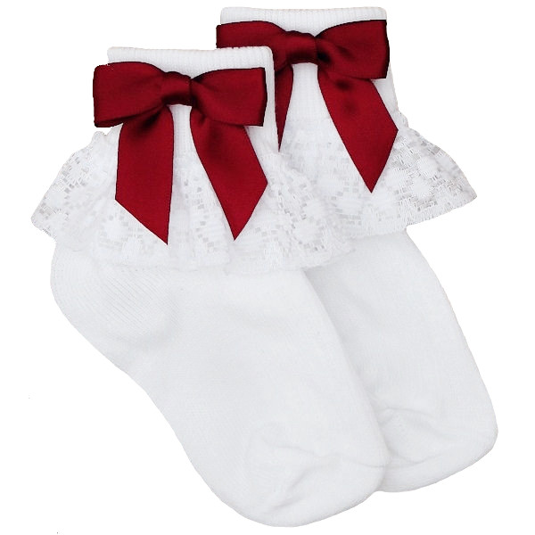 Girls White Lace Socks with Burgundy Satin Bows childrensspecialoccasionwear.co.uk